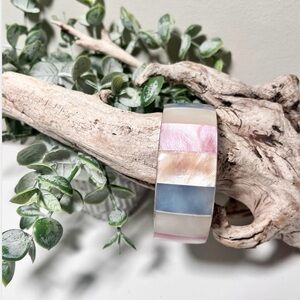 Vintage 1970’s Mother of Pearl and Steel Bangle Bracelets - Multicolored